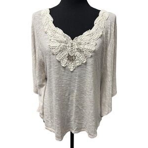 Robin K Ivory Beaded Butterfly Lace Boho Tunic Top Flowy Blouse